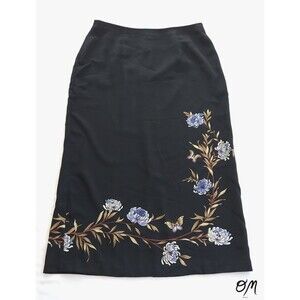 ABG Black Floral Whimsigoth Dark Nature Y2K Back Slit Midi Skirt - L